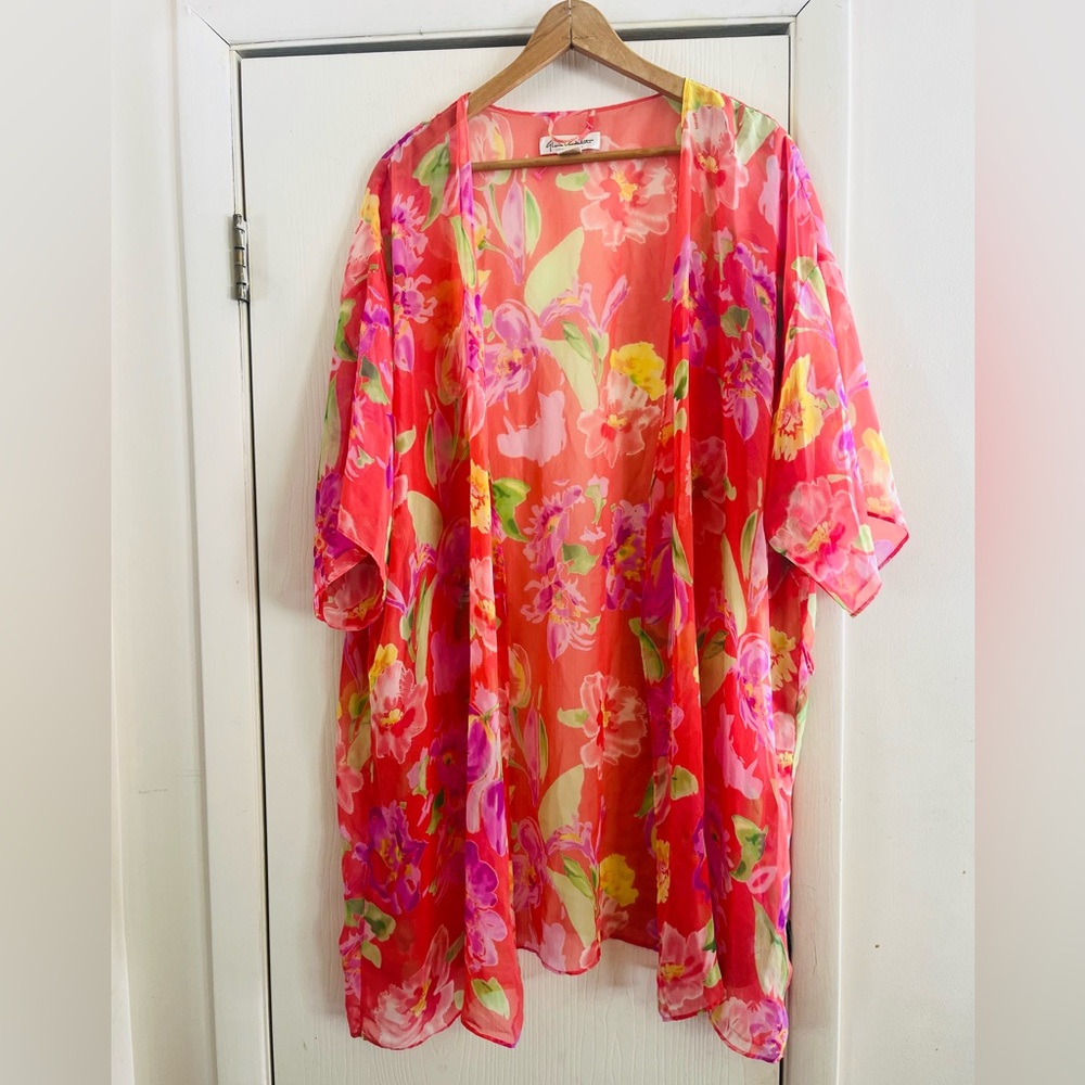 Sheer Kimono VTG Chiffon Floral Resortwear Festival Duster Gloria Vanderbilt L
